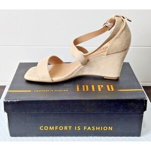 IDIFU Womens Nude Suede Wedge Sandals Ankle Strap Square Toe Comfort Size 7.5